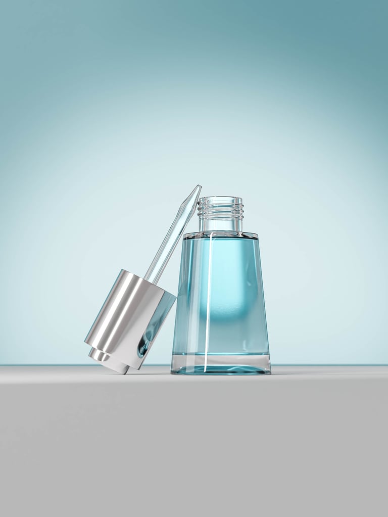 Open metallic cap dropper bottle with luxury facial skincare