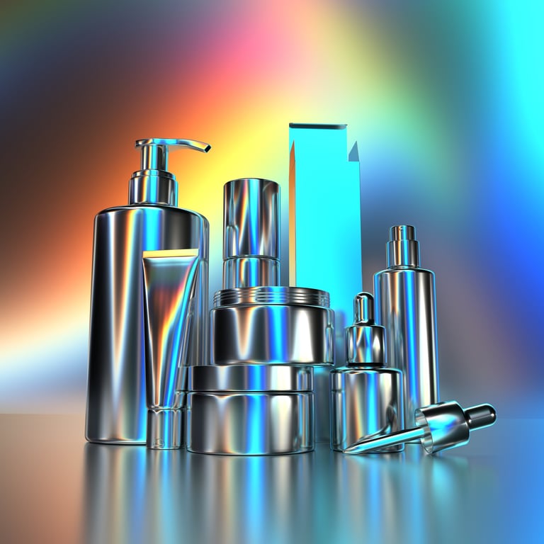 Beauty products in shiny metallic containers