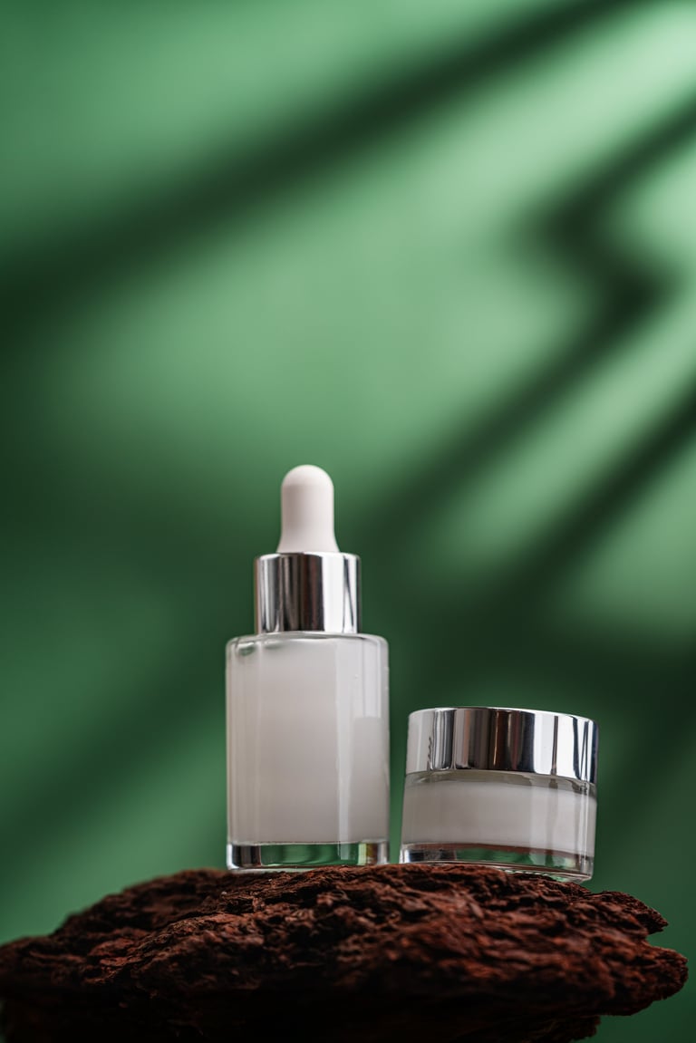 Two elegant glass cosmetic containers with skincare products