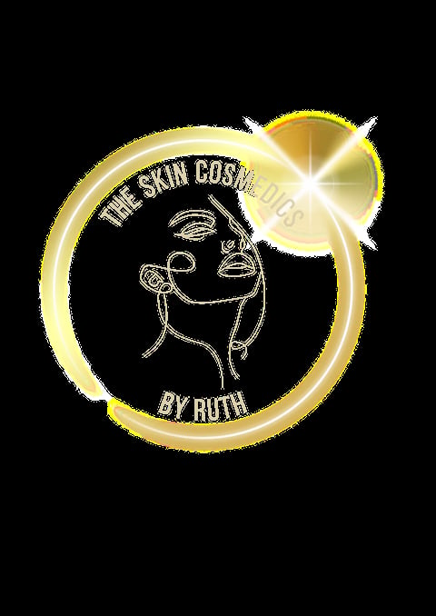 Logo for The Skin Cosmetics by Ruth featuring a stylized face illustration with golden circular border and glowing light effect