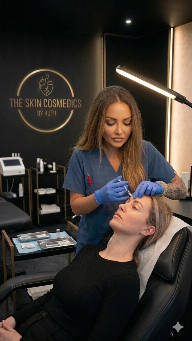 Aesthetician in blue gloves performing eyebrow treatment on client at The Skin Cosmedics by Ruth salon