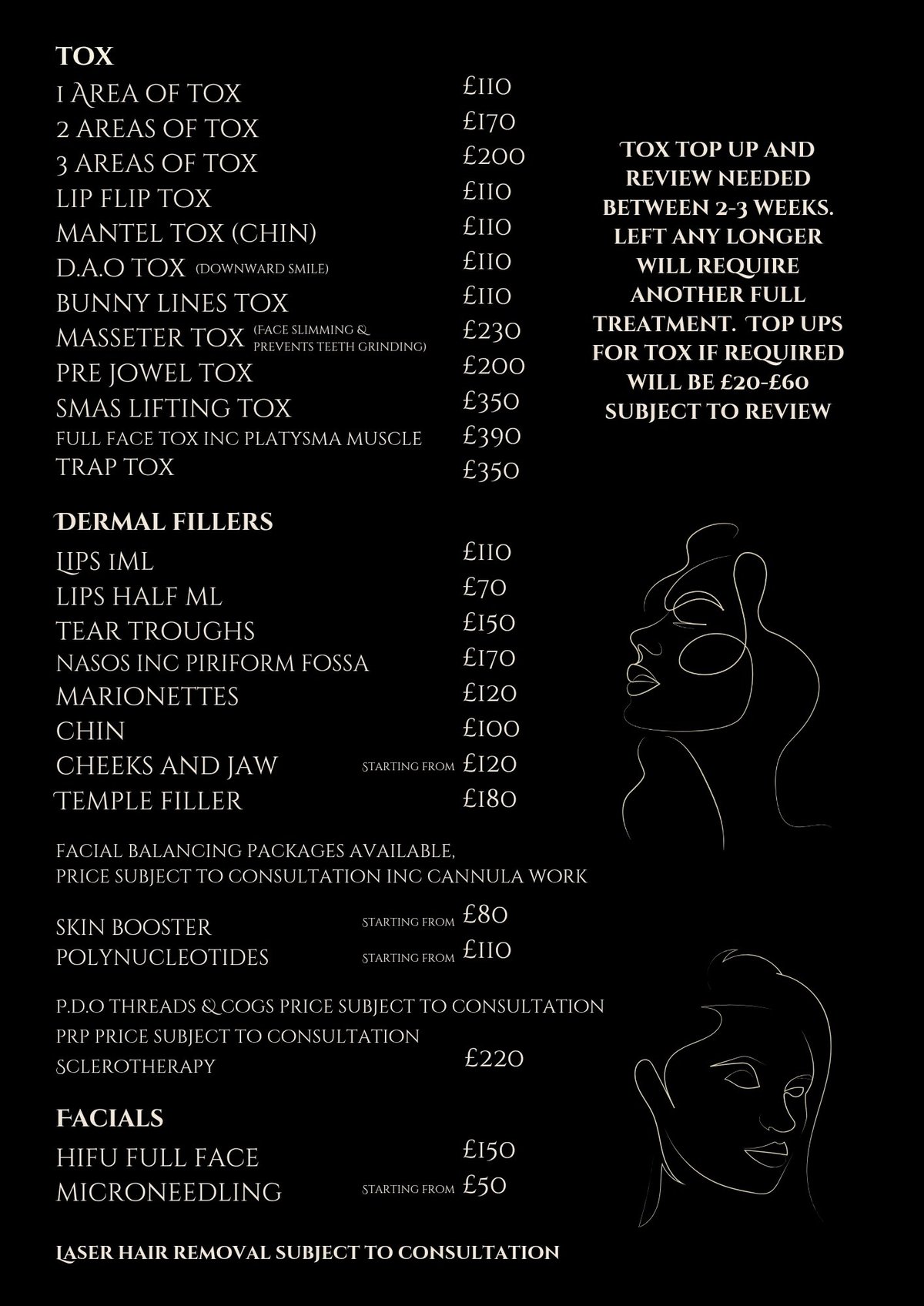 Price menu for beauty treatments including Botox, dermal fillers, and facials with line drawings of faces