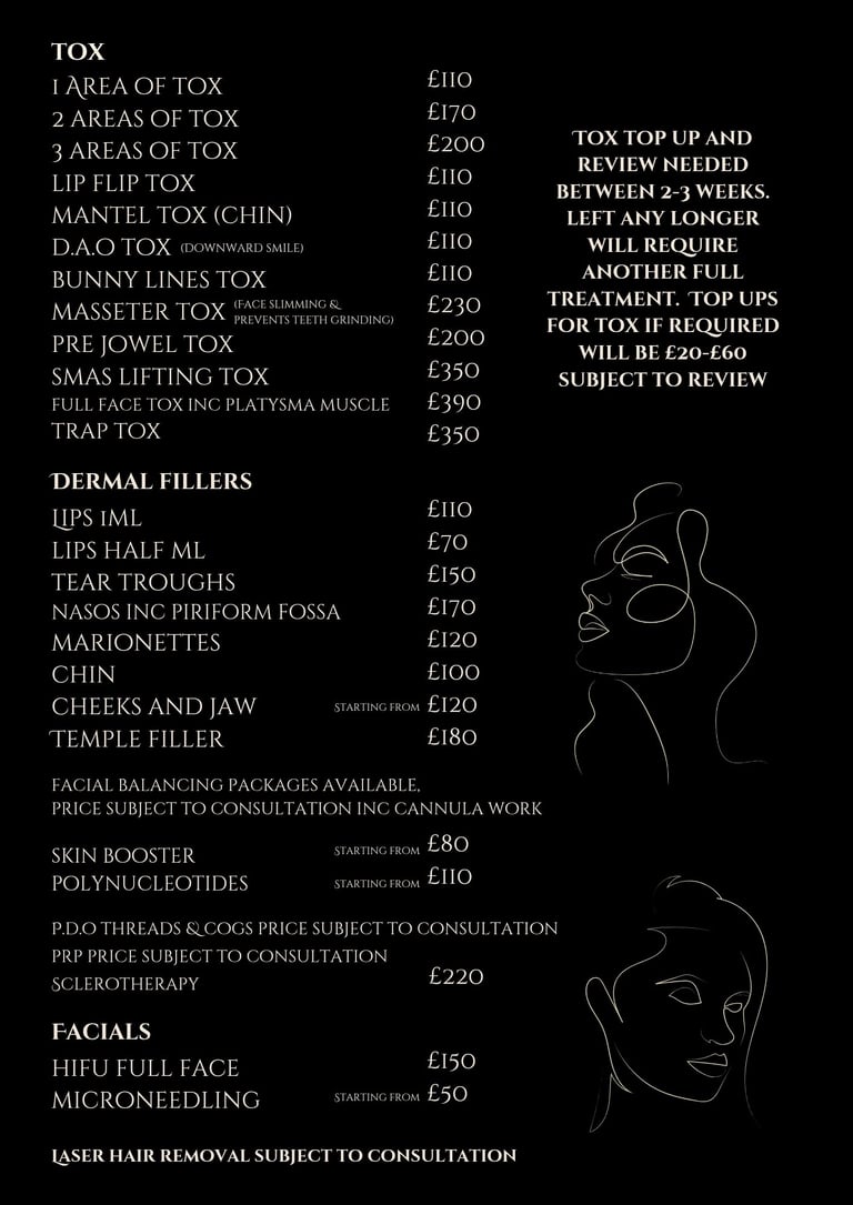 Aesthetic clinic price list featuring Botox, dermal fillers, facials, and skin treatments with minimalist line art illustrations