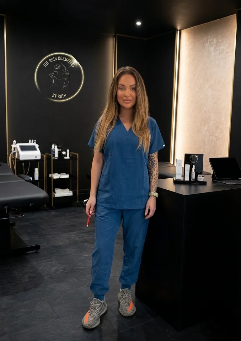 Woman in blue scrubs standing in a modern skin care clinic with black walls, equipment on shelves, and neon signage behind her