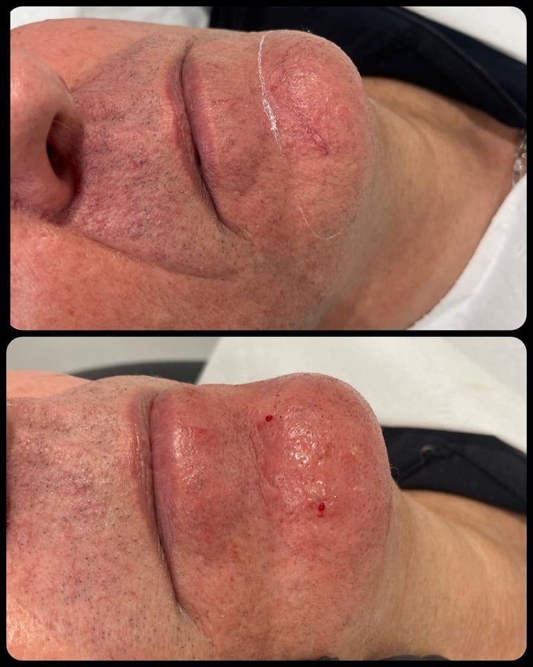 Close-up comparison of skin showing sunburned and inflamed area on shoulder before and after treatment