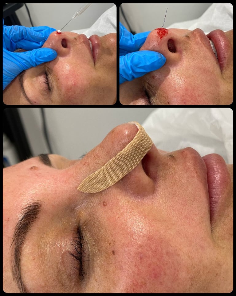 Three-panel medical demonstration of a skin lesion removal or treatment procedure on a patients face, showing before, during with application, and after results with bandage